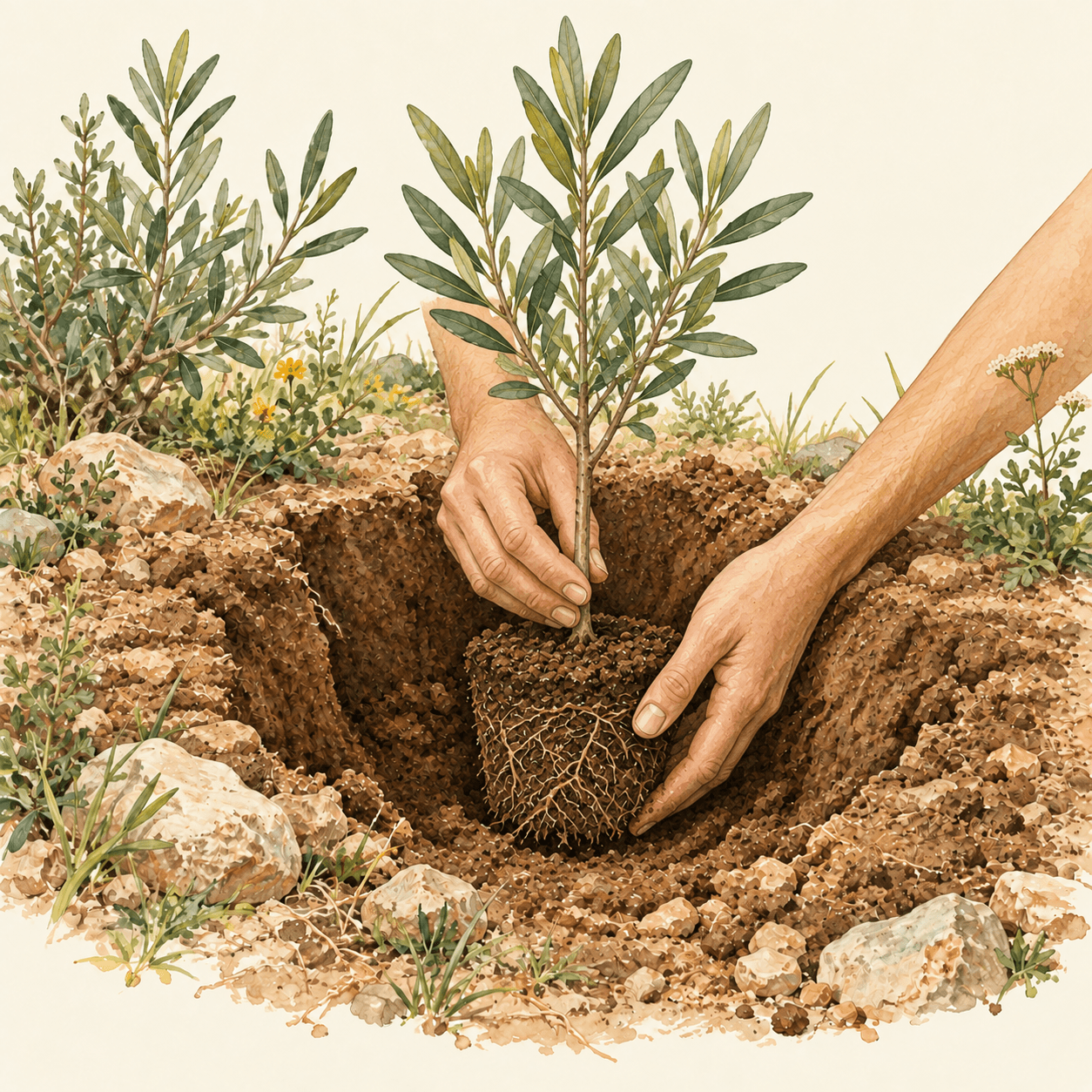 Colocación del árbol en el hueco de plantación