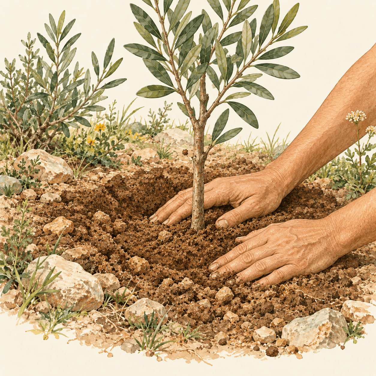 Rellenado y compactado de la tierra alrededor del árbol