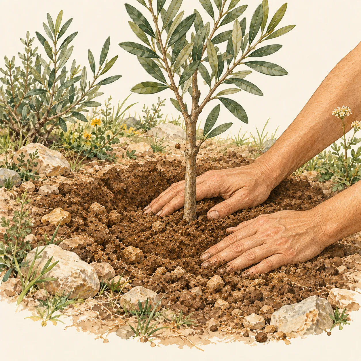 Rellenado y compactado de la tierra alrededor del árbol