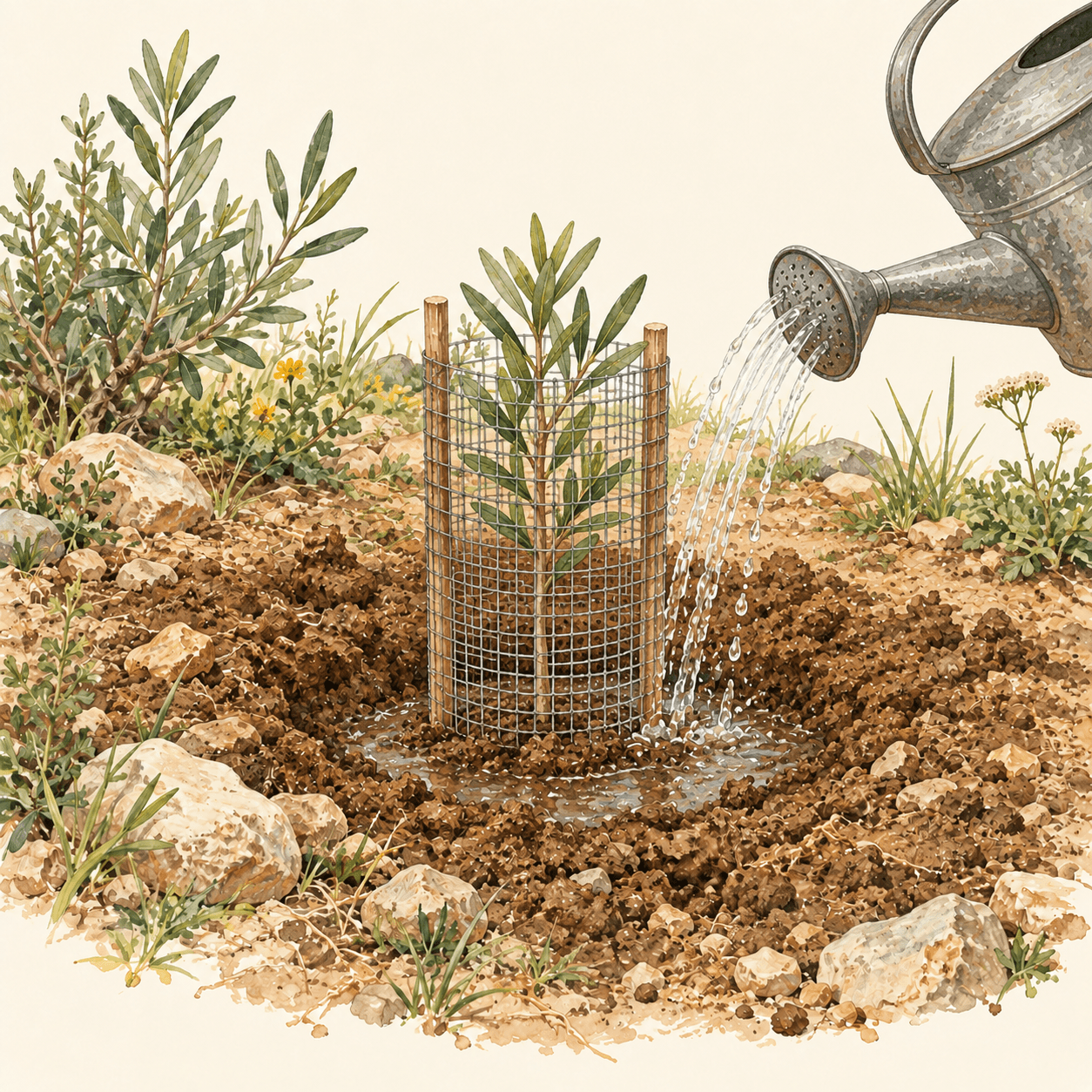 Riego y protección de un árbol recién plantado